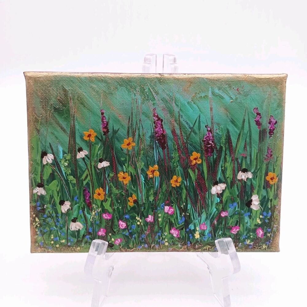 Mini 5x7 Handpainted Floral Field Gold Accent Artist Signed Unframed